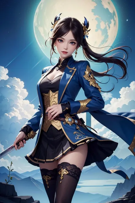 (best quality:1.4),(masterpiece:1.4),a girl holding a sword,in the style of dark azure and light azure,mixes realistic and fantastical elements,vibrant manga,uhd image,glassy translucence,vibrant illustrations,genshin impact,open jacket,skirt,thighhighs,cloud,