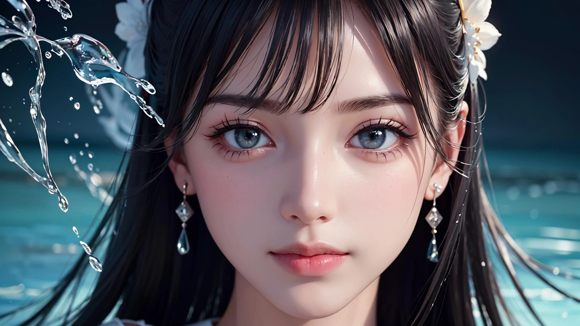 (best quality:1.4),(masterpiece:1.4),(photorealistic:1.4),(ultra high res, raw photo:1.4),(hdr, hyperdetailed:1.2),8k,insane details,intricate details,hyper quality,high detail,ultra detailed,1girl,dress,earrings,make up,long dress,(close up:1.4)barefoot puffy sleeves float,(black long hair:1.4),blue themere alistic black background Water as smooth as a mirror,beautiful detailed water,reflection pool,dynamic angle,floating,(Real water,Realistic water:1.5),ripples,