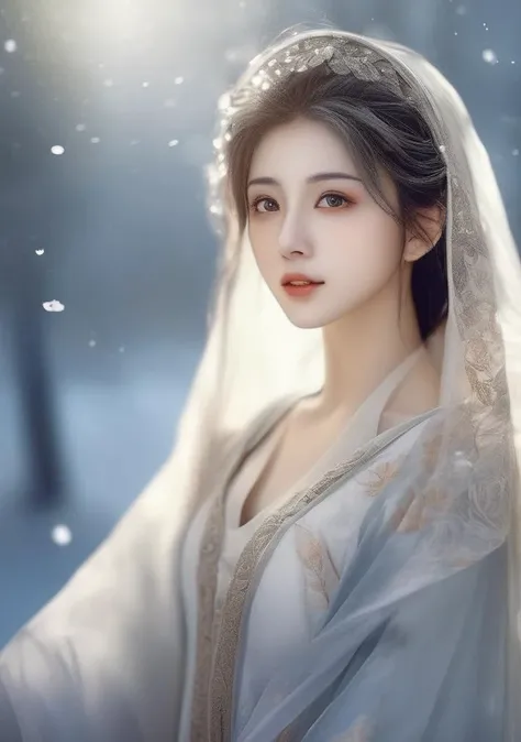 ((((ink))),((watercolor)),world masterpiece theater, ((best quality)),depth of field,(1 girl),medium_breast,floating,beautiful detailed sky,looking_at_viewers,an detailed organdie dress,very_close_to_viewers,bare_shoulder,golden_bracelet,focus_on_face,messy_long_hair,veil,upper_body,,lens_flare,light_leaks,bare shoulders,detailed_beautiful_Snow Forest_with_Trees, spirit,grey_hair,White clothes,((Snowflakes)),floating sand flow,navel,(beautiful detailed eyes),realistic,photorealistic, portrait shot,1girl