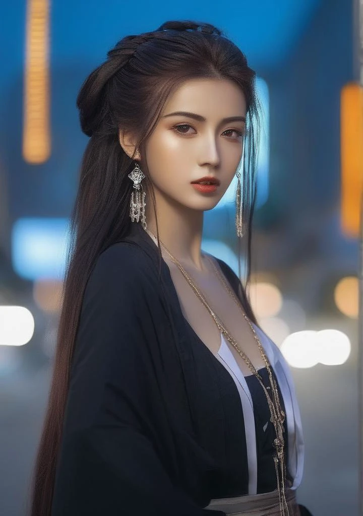 cyberpunk, 1girl, solo, girl walking in the street, long hair, earring, necklace,looking at viewer, 2K, 4K, best quality, masterpiece, beautiful eyes,clear background