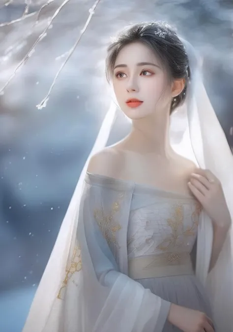 ((((ink))),((watercolor)),world masterpiece theater, ((best quality)),depth of field,(1 girl),medium_breast,floating,beautiful detailed sky,looking_at_viewers,an detailed organdie dress,very_close_to_viewers,bare_shoulder,golden_bracelet,focus_on_face,messy_long_hair,veil,upper_body,,lens_flare,light_leaks,bare shoulders,detailed_beautiful_Snow Forest_with_Trees, spirit,grey_hair,White clothes,((Snowflakes)),floating sand flow,navel,(beautiful detailed eyes),realistic,photorealistic, portrait shot,1girl
