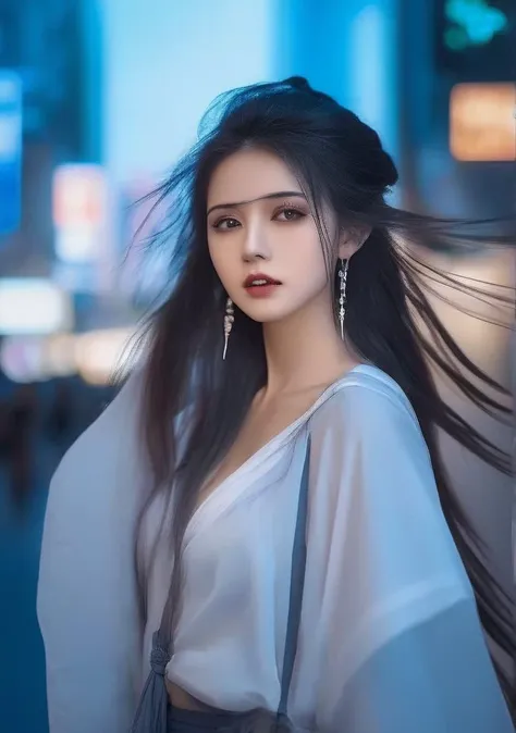 a girl walking in the cyberpunk style city, 1girl, solo, long hair, earring, looking at the viewer, 2K, 4K, best quality, masterpiece, beautiful eyes, clear background, huge breasts, dreamlike,
