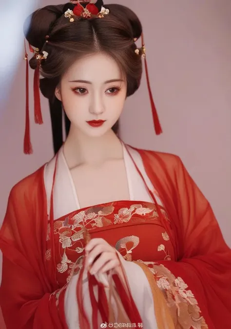 a girl with red and gold in a red dress,1girl, solo, realistic, looking down, hair ornament, dress,close eyes, chinese clothes, long sleeves, black hair, brown hair, wide sleeves, closed mouth, long hair,looking at viewer, 2K, 4K, best quality, masterpiece, beautiful eyes, clear background