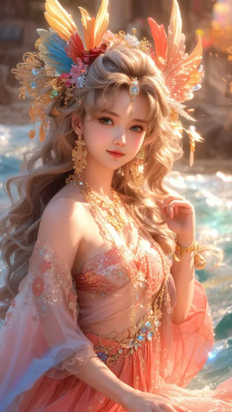 8k,RAW photo,best quality,masterpiece,dynamic angle,Professional,extreme detail description,Vivid Colors,Tyndall  effect,dynamic pose,wide shot,
(1girl,full body),solo,looking at viewer,large breasts,light smile,charming,glow,large wings,feather hair ornament,brooch,pendant,sapphire brooch,jewelry,rainbow,<lora:Fallen_angel:1>,bj_Devil_angel,
walking,waves,wind,(((glistening light of waves))),(detailed sunset glow),(floating flow),((coral)),(Luminous),coast,(floating colorful bubbles),beautiful detailed sky,(fluorescence),detailed shadow,(conch),beautiful detailed water,starfish,meteor,rainbow,(seabirds),(glinting stars),(glowworm),(splash),detailed cloud,shell,(fireworks),
