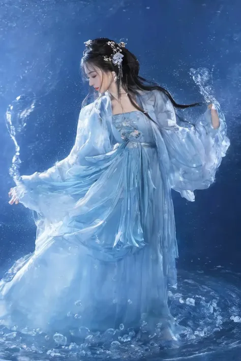 a girl in traditional dress while with a flowered design on it,1girl, solo, long hair, black hair, hair ornament, long sleeves, holding, jewelry, upper body, earrings, hair bun, Chinese clothes, realisticï¼ looking at the viewer, in the bedroom, portrait, (4k, 8k, high quality, skin texture)
((Skin details))
The water surrounds the girl, water magic, Water forms a vortex around the girl, blue