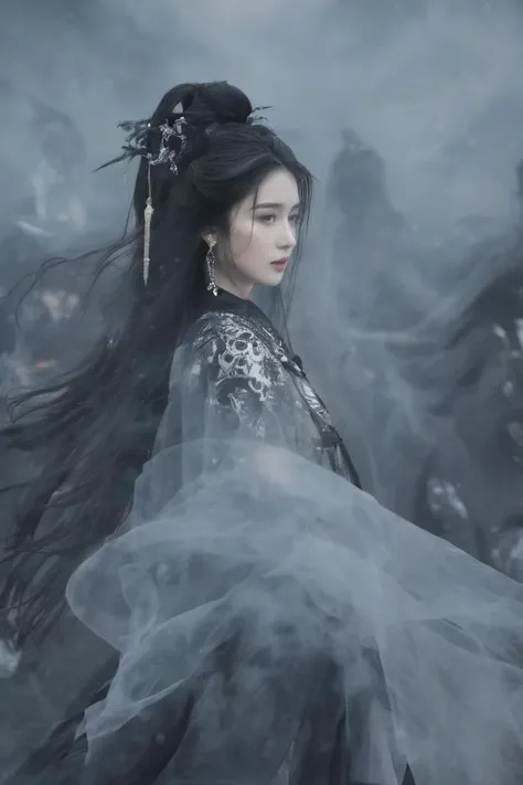 a girl in traditional dress while with a flowered design on it,1girl, solo, long hair, black hair, hair ornament, long sleeves, holding, jewelry, upper body, earrings, hair bun, Chinese clothes, realisticï¼ looking at the viewer, in the bedroom, portrait, (4k, 8k, high quality, skin texture)
((Skin details))
with many terrifying ghosts and skeletons in the sky and on the ground,black
