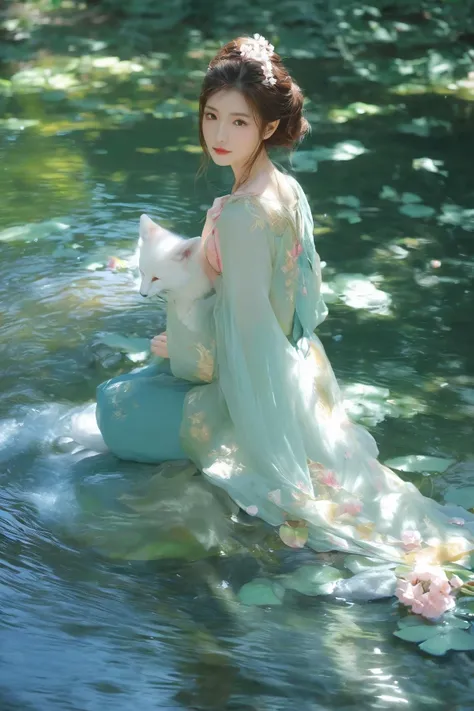On a meandering stream, cherry blossom petals gently fall, swirling slowly with the current. A fox spirit reclines against a smooth rock on the bank, wearing a light, flowing dress that flutters with the wind, teasingly revealing her long legs. Her fox tail is soft and fluffy, radiating an alluring sheen that contrasts with her graceful figure.
Her eyes are deep and captivating, sparkling with an enticing glow, and her red lips curl into a subtle, sly smile. Sunlight filters through the branches, casting a soft golden light on her skin, adding a touch of mystery and sensuality to her silhouette.