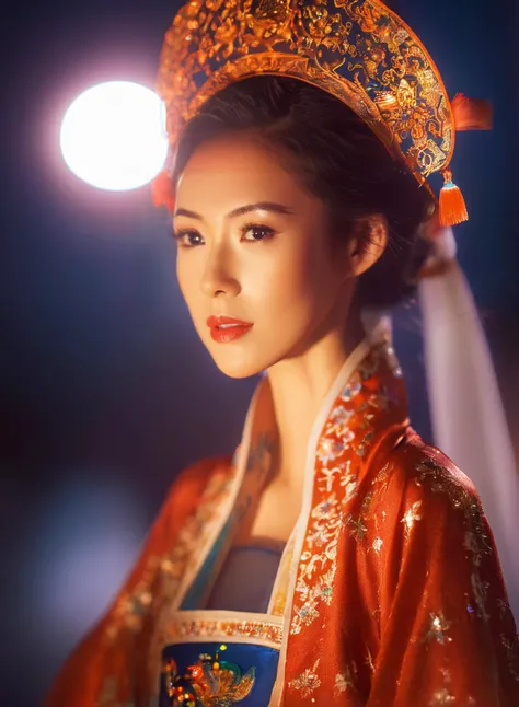 breathtaking best quality,ultra hires,sidelight,(sharp focus:1.2),intricate texture,eye focus,Cinematic Lighting,Volumetric Lighting,1girl,zzy,
blush,
eye-contact,rim light,<lora:zzy_SDXL_1_:1>,hyper_galaxy,starry_sky,cowboy_shot,looking_at_viewer,banquet,autumn moon in tang palace, . award-winning, professional, highly detailed