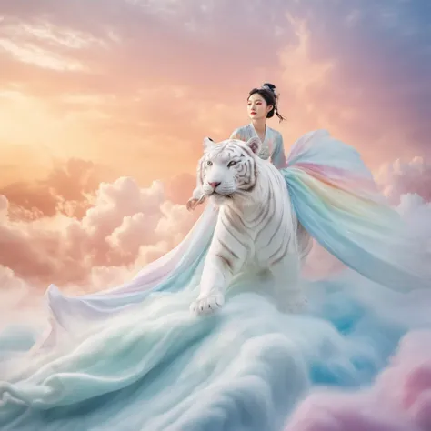 The impressionistic image is of a girl in rainbow-colored Hanfu soaring through the clouds on a giant white tiger. The scene is filled with swirling, dreamlike effects that enhance the surreal atmosphere. The composition uses the rule of thirds to depict the girl and her majestic mount. Soft focus and muted color palette create a dreamy atmosphere. Shoot with a fisheye lens for a wide-angle perspective.