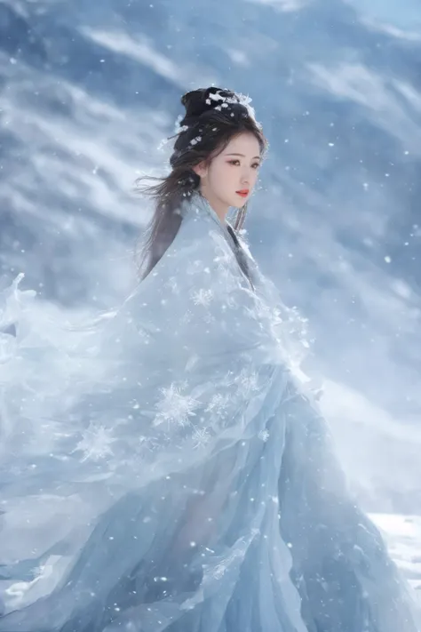 Double Exposure Style, Volumetric Lighting, leaning forward,light depth, dramatic atmospheric lighting, Volumetric Lighting, double image ghost effect, image combination,
(realistic, photorealistic),
The girl is wearing a Hanfu made entirely of ice and snow, with the girl wearing a dress made up of ice and snow. Ice and snow surround the girl,
On a snowcapped mountain, a white mist filled the air. It was snowing heavily and the surroundings were frozen, emitting white light
(Ice and snow around the girl, white:1.5)
Small pieces of ice and snow are around the girl,