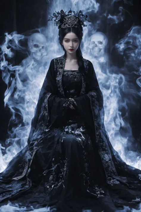 The picture is symmetrical, symmetrical art
Double Exposure Style, Volumetric Lighting, leaning forward,light depth, dramatic atmospheric lighting, Volumetric Lighting, double image ghost effect, image combination,
(realistic, photorealistic),The girl sat on the throne, and black flames spread around her from the center
(black:1.2)
The girl is wearing a Hanfu made up of black ghosts and skeletons. The black ghosts and skeletons surround the girl, with black flames burning and ghosts all around.