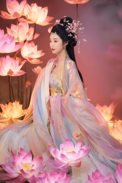 best quality,masterpiece,particles,masterpiece,best quality,8K,official art,ultra high res, from below,
motion blur, film, bokeh, professional,
A Hanfu beauty, the Neon Lotus Fairy, dances within a forest of cyber-jade trees, her presence a delicate ballet of light and color amidst the verdant, glowing foliage. Her Hanfu is a gown that captures the serene beauty of a lotus flower with the electrifying energy of neon lights. The fabric is a delicate weave of jade and neon threads, with lotus motifs that seem to bloom and glow with an inner light, a visual representation of the forest's bioluminescent splendor. Her hair, a cascade of lotus-hued locks, is adorned with a headdress that combines the traditional lotus flower crown with the radiant glow of neon petals, a crown that captures the essence of the forest's magical beauty. She is a vision of such enchanting beauty, a living embodiment of the union of nature's tranquility with the vibrant pulse of neon life.
Glowing ambiance, enchanting radiance, luminous lighting, ethereal atmosphere, mesmerizing glow, evocative hues, captivating coloration, dramatic lighting, enchanting aura, masterpiece, top quality, best quality, official art, beautiful and aesthetic, extreme detailed, Action painting, scene,colorful,highest detailed,