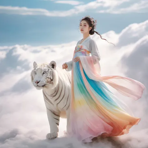 The impressionistic image is of a beautiful girl in rainbow-colored Hanfu soaring in the clouds on a giant white tiger. The girl has a perfect face and the scene is filled with swirling, dreamlike effects that enhance the surreal atmosphere. The composition uses the rule of thirds to depict the girl and her majestic mount. Soft focus and muted color palette create a dreamy atmosphere. Shoot with a fisheye lens for a wide-angle perspective.