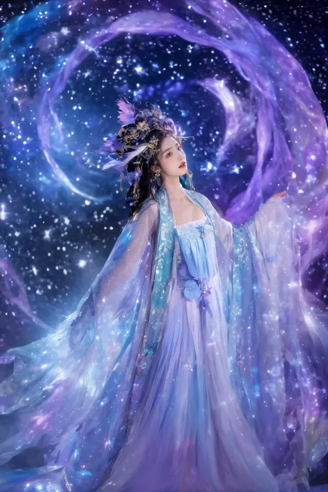 Symmetrical art
Double Exposure Style, Volumetric Lighting, leaning forward,light depth, dramatic atmospheric lighting, Volumetric Lighting, double image ghost effect, image combination, double exposure style
(realistic, photorealistic),
girl, feathered gown, starry sky, colorful feathers, star-studded sky, vibrant hues, celestial ensemble, suspended above feathers and stars, full moon, moonlight, gentle, ethereal, defined by soft light and deep shadows, serene scene, cosmic-inspired, radiant, cosmic swirls, swirling nebulae, galaxy ribbon, misty vortex, colorful Hanfu, galaxy accents, surrounded by stars, ethereal ribbon, captivating vortex, mesmerizing, dreamy, celestial beauty, cosmic splendor
The girl is wearing a colorful headdress adorned with the stars, a Hanfu made up of colorful feathers and stars. The Milky Way is wrapped in streamers around her.
The full moon appears exceptionally bright. The first ray of moonlight shone on the girl. This is a peaceful scene defined by soft, ethereal light and deep shadows.
(blue and purple:1.2)
(Glowing ambiance, enchanting radiance, luminous lighting, ethereal atmosphere, mesmerizing glow, evocative hues, captivating coloration, dramatic lighting, enchanting aura), ((moon:1)), (masterpiece, top quality, best quality, official art, beautiful and aesthetic:1.2), extreme detailed,(joshua middleton comic cover art:1.2), (Action painting:1.3),(concretism:1.3),theater dance scene,(hypermaximalistic:1.5),colorful,highest detailed,