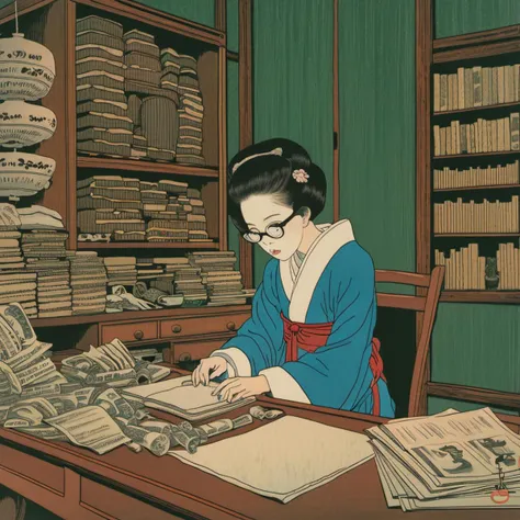 ukiyo-e,In the midst of urban debauchery, a macabre masterpiece of urban street photography comes alive, evoking the eerie styles of Junji Ito and Takato Yamamoto. At its center, an eerily pale girl, donned in a Hanfu, gazes intently through glasses while hunched over a cluttered desk. Her delicate hands contrast starkly with her disproportionately large breasts. Behind her, thousands of bizarre merchandise items hang on the wall, each a grotesque curiosity. The scene exudes a chilling ambience, intensified by a cold color palette, film grain, and precise depth of field, culminating in a captivating yet unsettling work of fine art.Place your left and right hands on your chest
,