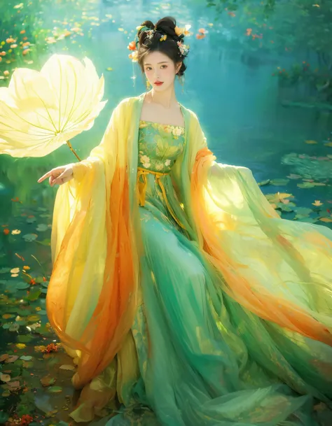 highres, 8k, absurdres
1girl,
Form and shadow, Graceful as a flying wild goose, Graceful as a swimming dragon, Radiant complexion, Resplendent as autumn chrysanthemums, Graceful as spring pine trees, Like drifting clouds concealing the moon, Floating and elusive like falling snow, Bright and clear like the rising sun at dawn, Beautiful as a blooming lotus in green waves, Well-proportioned figure, Fair and delicate skin, Towering cloud-like hair bun, Graceful, arched eyebrows, Rosy lips, white teeth, Bright, sparkling eyes, Sweet dimples, Elegant posture, Gentle and serene demeanor, Exquisite attire of the Luoshen, as described in the painting.
(green and blue:1.2)
(Glowing ambiance, enchanting radiance, luminous lighting, ethereal atmosphere, mesmerizing glow, evocative hues, captivating coloration, dramatic lighting, enchanting aura), ((moon:1)), (masterpiece, top quality, best quality, official art, beautiful and aesthetic:1.2), extreme detailed,(joshua middleton comic cover art:1.2), (Action painting:1.3),(concretism:1.3),theater dance scene,(hypermaximalistic:1.5),colorful,highest detailed,s,
(blue and purple:1.2)<lora:MengX_girl_Mix_v30:0.4> <lora:zhongfenghua:0.15> <lora:add_detail:-1>