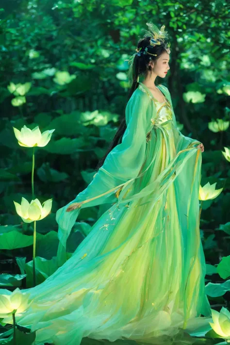 best quality,masterpiece,particles,masterpiece,best quality,8K,official art,ultra high res, from below,
motion blur, film, bokeh, professional,
A Hanfu beauty, the Neon Lotus Fairy, dances within a forest of cyber-jade trees, her presence a delicate ballet of light and color amidst the verdant, glowing foliage. Her Hanfu is a gown that captures the serene beauty of a lotus flower with the electrifying energy of neon lights. The fabric is a delicate weave of jade and neon threads, with lotus motifs that seem to bloom and glow with an inner light, a visual representation of the forest's bioluminescent splendor. Her hair, a cascade of lotus-hued locks, is adorned with a headdress that combines the traditional lotus flower crown with the radiant glow of neon petals, a crown that captures the essence of the forest's magical beauty. She is a vision of such enchanting beauty, a living embodiment of the union of nature's tranquility with the vibrant pulse of neon life.
Glowing ambiance, enchanting radiance, luminous lighting, ethereal atmosphere, mesmerizing glow, evocative hues, captivating coloration, dramatic lighting, enchanting aura, masterpiece, top quality, best quality, official art, beautiful and aesthetic, extreme detailed, Action painting, scene,colorful,highest detailed,