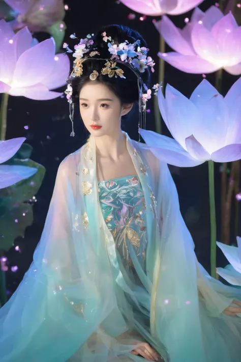 best quality,masterpiece,particles,masterpiece,best quality,8K,official art,ultra high res, from below,
motion blur, film, bokeh, professional,
A Hanfu beauty, the Neon Lotus Fairy, dances within a forest of cyber-jade trees, her presence a delicate ballet of light and color amidst the verdant, glowing foliage. Her Hanfu is a gown that captures the serene beauty of a lotus flower with the electrifying energy of neon lights. The fabric is a delicate weave of jade and neon threads, with lotus motifs that seem to bloom and glow with an inner light, a visual representation of the forest's bioluminescent splendor. Her hair, a cascade of lotus-hued locks, is adorned with a headdress that combines the traditional lotus flower crown with the radiant glow of neon petals, a crown that captures the essence of the forest's magical beauty. She is a vision of such enchanting beauty, a living embodiment of the union of nature's tranquility with the vibrant pulse of neon life.
Glowing ambiance, enchanting radiance, luminous lighting, ethereal atmosphere, mesmerizing glow, evocative hues, captivating coloration, dramatic lighting, enchanting aura, masterpiece, top quality, best quality, official art, beautiful and aesthetic, extreme detailed, Action painting, scene,colorful,highest detailed,