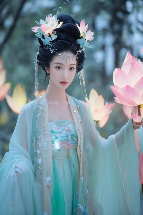 best quality,masterpiece,particles,masterpiece,best quality,8K,official art,ultra high res, from below,
motion blur, film, bokeh, professional,
A Hanfu beauty, the Neon Lotus Fairy, dances within a forest of cyber-jade trees, her presence a delicate ballet of light and color amidst the verdant, glowing foliage. Her Hanfu is a gown that captures the serene beauty of a lotus flower with the electrifying energy of neon lights. The fabric is a delicate weave of jade and neon threads, with lotus motifs that seem to bloom and glow with an inner light, a visual representation of the forest's bioluminescent splendor. Her hair, a cascade of lotus-hued locks, is adorned with a headdress that combines the traditional lotus flower crown with the radiant glow of neon petals, a crown that captures the essence of the forest's magical beauty. She is a vision of such enchanting beauty, a living embodiment of the union of nature's tranquility with the vibrant pulse of neon life.
Glowing ambiance, enchanting radiance, luminous lighting, ethereal atmosphere, mesmerizing glow, evocative hues, captivating coloration, dramatic lighting, enchanting aura, masterpiece, top quality, best quality, official art, beautiful and aesthetic, extreme detailed, Action painting, scene,colorful,highest detailed,