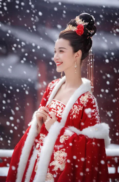 cinematic film still beautiful details,best quality,ultra high res,(photorealistic:1.4),complicated background,1girl,full body,jewelry,earrings,chinese clothes,fur coat,hair ornament,hair bun,long sleeves,hanfu,smile,palace,red plum flowers,snow,(snowing:1.5), . shallow depth of field, vignette, highly detailed, high budget, bokeh, cinemascope, moody, epic, gorgeous, film grain, grainy