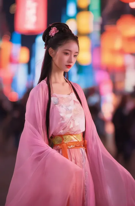 cinematic photo 1girl,neon-lit megacity, towering skyscrapers, holographic advertisements, bustling crowds, futuristic technology, vibrant nightlife,hanfu,
best quality,ultra high res,(photorealistic:1.4),
RAW photo,natural skin,8k uhd,high quality,Fujifilm XT3,long skirt pendulum, . 35mm photograph, film, bokeh, professional, 4k, highly detailed