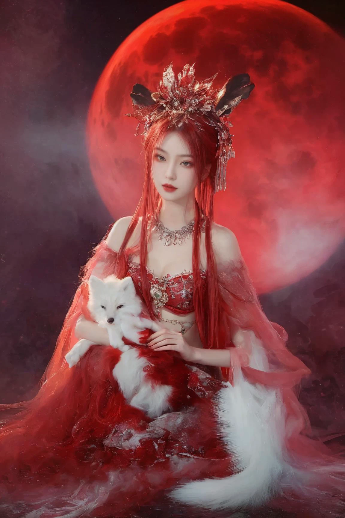 Double Exposure Style, Volumetric Lighting, leaning forward,light depth, dramatic atmospheric lighting, Volumetric Lighting, double image ghost effect, image combination, double exposure style
(realistic, photorealistic),
red moon, mystical atmosphere, dramatic shadows, celestial phenomenon, dark forest, surreal world, enchanting, mysterious, captivating, surreal ambiance
nine-tailed fox, enchanting, seductive, flowing crimson hair, piercing amber eyes, delicate features, fox-like ears, slender figure, sexy posture, ornate headdress, mystical aura,
(red bikini, midriff, sexy, enchanting, bare shoulders, bare legs, nude, topless),
(pink and red:1.2)