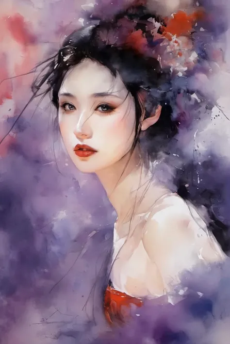 (extremely delicate and beautiful),(extremely meticulous),(beautiful woman:1.2),exquisite face,Ink wash painting,chinese ink painting,bright colors,romanticism,(raw photos,best quality),(realistic,photo realistic:1.3),masterpiece,sitting (josya midelton comics cover art:1.1),fantasy,high_contrast,pipe,explosion,purple and red impression,abstract,((john berkey and jeremy mann's watercolor)),strokes,(1girl),