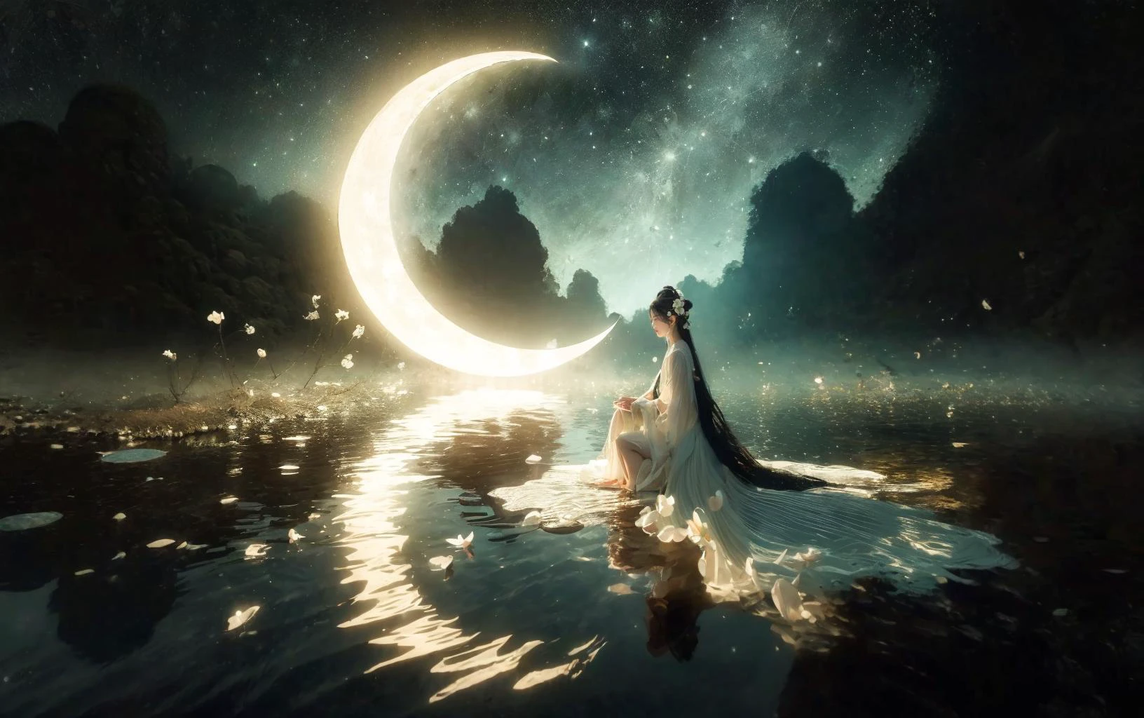 photorealistic, dynamic perspective, intricate details, wide angle,cinematic lighting, full body, Fantasy style, sitting on a new moon, (curved moon floating on the water: 1.4), (young girl sitting on the moon, glowing: 1.4), moonlight shining on the water, stunning scenery, (white petals floating on the water: 1.3),lake at night, a young girl, (extremely long black hair fluttering in the wind, white Hanfu, flowing sleeves), elegant, mixed style,