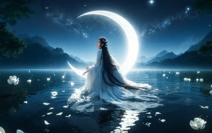  photorealistic, dynamic perspective, intricate details, wide angle,cinematic lighting, full body, Fantasy style, sitting on a new moon, (curved moon floating on the water: 1.4), (young girl sitting on the moon, glowing: 1.4), moonlight shining on the water, stunning scenery, (white petals floating on the water: 1.3),lake at night, a young girl, (extremely long black hair fluttering in the wind, white Hanfu, flowing sleeves), elegant,  mixed style,