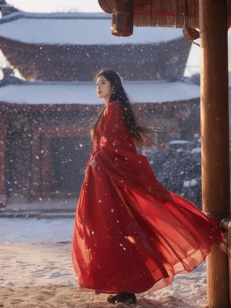 (looking back:1.1),dusk,sunlight,sunset,upper body,from side,dutch angle,wide shot,east asian architecture on both sides of the girl, 
Best quality,(masterpiece:1.2),cinematic photo, 1girl,A beautiful girl in red hanfu,in the wind and snow,long hair blown by the wind,snow in the sky,snowing,snowy day,in winter,motion blur,(sad:1.1),(tears:1.1),full body,35mm photograph,night,white and red theme,dreamy atmosphere, soft lighting, subtle lens flare, enchanting ambiance, tranquil, winter wonderland, mystic, picturesque, magical, painterly, otherworldly, hazy, ethereal snowflakes trending on artstation, 