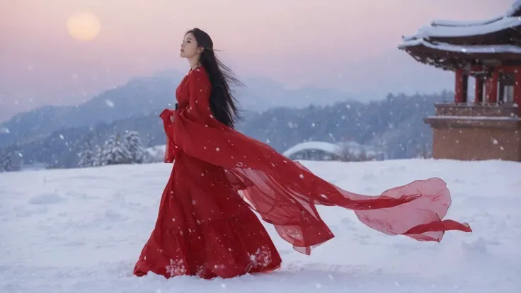 (looking back:1.1),dusk,sunlight,sunset,upper body,from side,dutch angle,wide shot,east asian architecture on both sides of the girl,
Best quality,(masterpiece:1.2),cinematic photo, 1girl,A beautiful girl in red hanfu,in the wind and snow,long hair blown by the wind,snow in the sky,snowing,snowy day,in winter,motion blur,(sad:1.1),(tears:1.1),full body,35mm photograph,night,white and red theme,dreamy atmosphere, soft lighting, subtle lens flare, enchanting ambiance, tranquil, winter wonderland, mystic, picturesque, magical, painterly, otherworldly, hazy, ethereal snowflakes trending on artstation,