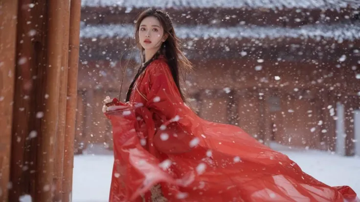 (looking back:1.1),dusk,sunlight,sunset,upper body,from side,dutch angle,wide shot,east asian architecture on both sides of the girl, 
Best quality,(masterpiece:1.2),cinematic photo, 1girl,A beautiful girl in red hanfu,in the wind and snow,long hair blown by the wind,snow in the sky,snowing,snowy day,in winter,motion blur,(sad:1.1),(tears:1.1),full body,35mm photograph,night,white and red theme,dreamy atmosphere, soft lighting, subtle lens flare, enchanting ambiance, tranquil, winter wonderland, mystic, picturesque, magical, painterly, otherworldly, hazy, ethereal snowflakes trending on artstation, 