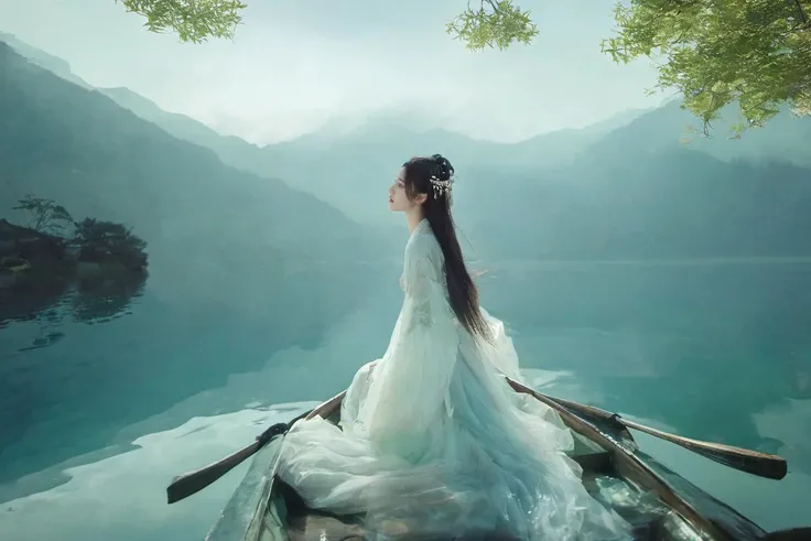 symmetry,Mountains and water are on both sides of the girlï¼(boating)
Double Exposure Style, Volumetric Lighting, leaning forward,light depth, dramatic atmospheric lighting, Volumetric Lighting, double image ghost effect, image combination, double exposure style
realistic,photo_(medium),reality,huge filesize,wallpaper,masterpiece,best quality,cinematic lighting,natural shadow,highest detail,professional photography,detailed background,depth of field,insane details,intricate,aesthetic,subsurface scattering,dynamic angle,fisheye,
New Chinese Art style,dusk,(lake),mountain, fog, green leaves, from below, 1girl, solo, long hair, black hair, hair ornament, long sleeves, upper body, jewelry,detailed, <lora:New Chinese Art Style XL:0.6>
Mountain crossing, Dream entry, Island embrace, Love's blossoming, Eternal slumber, Altered conclusion, Dreamy ocean dive, Memories of journeys, Embracing by the sea, Endless dreaming, Sea voyage, Love's awakening, Forever asleep, Transformed ending, Oceanic reverie, Mountain memories, Island's embrace, Unending dream, Sea's depths, Recollection's embrace.