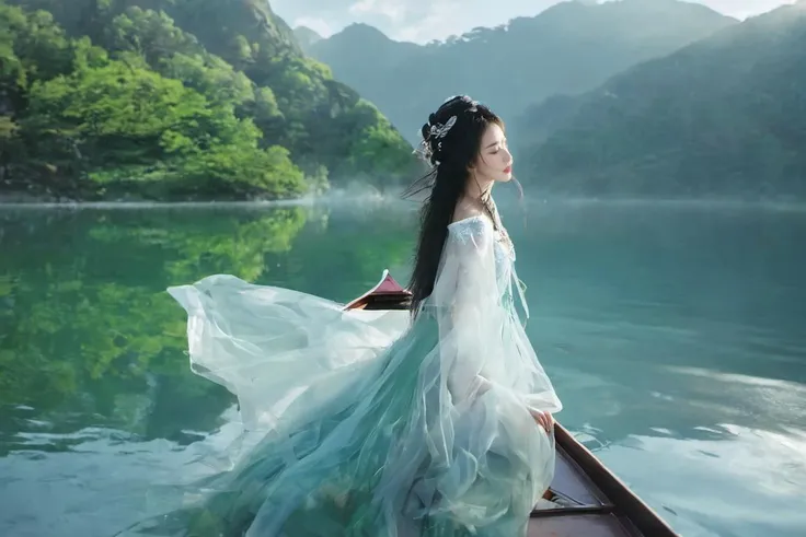 symmetry,Mountains and water are on both sides of the girlï¼(boating)
Double Exposure Style, Volumetric Lighting, leaning forward,light depth, dramatic atmospheric lighting, Volumetric Lighting, double image ghost effect, image combination, double exposure style
realistic,photo_(medium),reality,huge filesize,wallpaper,masterpiece,best quality,cinematic lighting,natural shadow,highest detail,professional photography,detailed background,depth of field,insane details,intricate,aesthetic,subsurface scattering,dynamic angle,fisheye,
New Chinese Art style,dusk,(lake),mountain, fog, green leaves, from below, 1girl, solo, long hair, black hair, hair ornament, long sleeves, (upper body), jewelry,detailed, <lora:New Chinese Art Style XL:0.6>
Mountain crossing, Dream entry, Island embrace, Love's blossoming, Eternal slumber, Altered conclusion, Dreamy ocean dive, Memories of journeys, Embracing by the sea, Endless dreaming, Sea voyage, Love's awakening, Forever asleep, Transformed ending, Oceanic reverie, Mountain memories, Island's embrace, Unending dream, Sea's depths, Recollection's embrace.