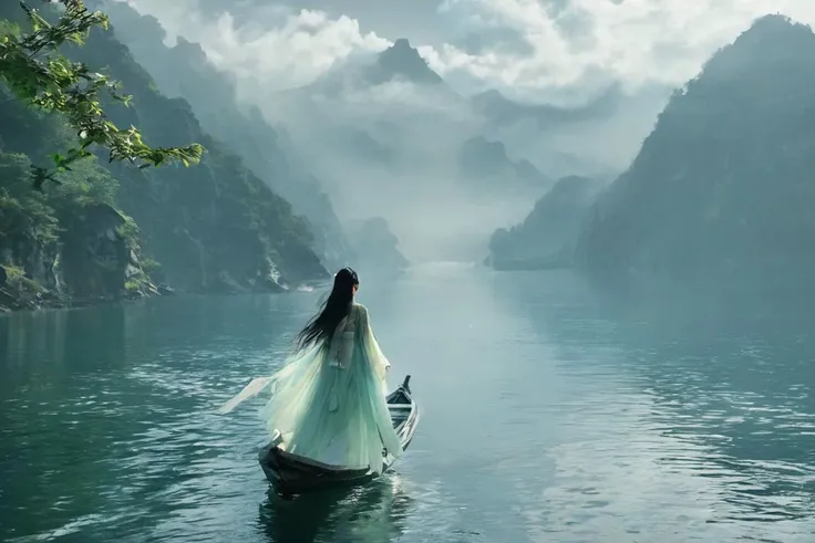 symmetry,Mountains and water are on both sides of the girlï¼(boating)
Double Exposure Style, Volumetric Lighting, leaning forward,light depth, dramatic atmospheric lighting, Volumetric Lighting, double image ghost effect, image combination, double exposure style
realistic,photo_(medium),reality,huge filesize,wallpaper,masterpiece,best quality,cinematic lighting,natural shadow,highest detail,professional photography,detailed background,depth of field,insane details,intricate,aesthetic,subsurface scattering,dynamic angle,fisheye,
New Chinese Art style,dusk,(lake),mountain, fog, green leaves, from below, 1girl, solo, long hair, black hair, hair ornament, long sleeves, (upper body), jewelry,detailed, <lora:New Chinese Art Style XL:0.6>
Mountain crossing, Dream entry, Island embrace, Love's blossoming, Eternal slumber, Altered conclusion, Dreamy ocean dive, Memories of journeys, Embracing by the sea, Endless dreaming, Sea voyage, Love's awakening, Forever asleep, Transformed ending, Oceanic reverie, Mountain memories, Island's embrace, Unending dream, Sea's depths, Recollection's embrace.