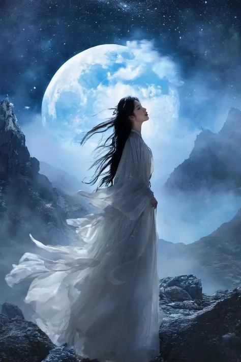 symmetry,Mountains and cloud are on both sides of the girl,full moon, starry sky,
Double Exposure Style, Volumetric Lighting, leaning forward,light depth, dramatic atmospheric lighting, Volumetric Lighting, double image ghost effect, image combination, double exposure style
realistic,photo_(medium),reality,huge filesize,wallpaper,masterpiece,best quality,cinematic lighting,natural shadow,highest detail,professional photography,detailed background,depth of field,insane details,intricate,aesthetic,subsurface scattering,dynamic angle,fisheye,
New Chinese Art style,night,mountain, fog, blue moon, from below, 1girl, solo, long hair, black hair, hair ornament, long sleeves, (upper body), jewelry,detailed, <lora:New Chinese Art Style XL:0.6>
Mountain crossing, Dream entry, Island embrace, Love's blossoming, Eternal slumber, Altered conclusion, Dreamy ocean dive, Memories of journeys, Embracing by the sea, Endless dreaming, Sea voyage, Love's awakening, Forever asleep, Transformed ending, Oceanic reverie, Mountain memories, Island's embrace, Unending dream, Sea's depths, Recollection's embrace.