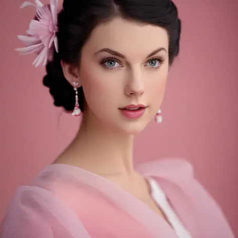 Taylor Swift is dressed in a pink outfit, 1girl,black hair, solo,realistic, looking at viewer, 2K, 4K, best quality, masterpiece, beautiful eyes, photorealistic, portrait shot, close up