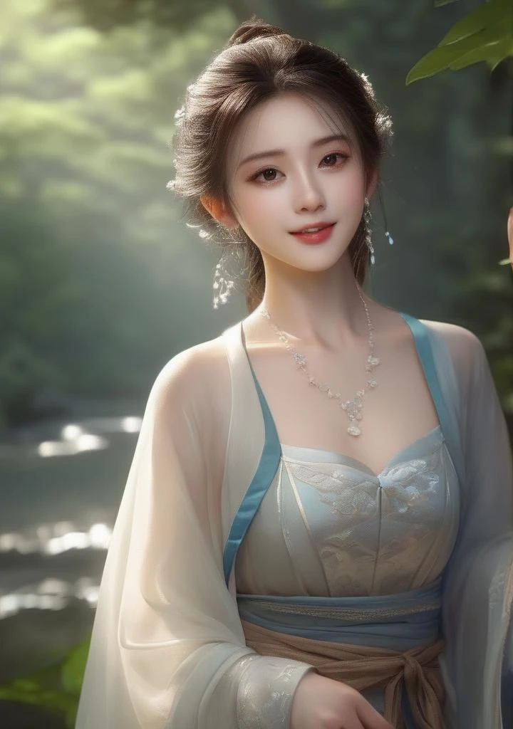 guofeng,((beautiful face)),full body, walking,path,forest,river,extremely delicate facial,(best quality),random emotion,(extremely detailed cg 8k wallpaper),masterpiecel, an extremely delicate and beautiful,extremely detailed,intricate,solo,photorealistic.hyper detailed,small breasts,tender Shining,amazing scene lighting,medium hair,Wet hair,(sportswear),standing,(upper body),arms behind back,light smile,necklace,