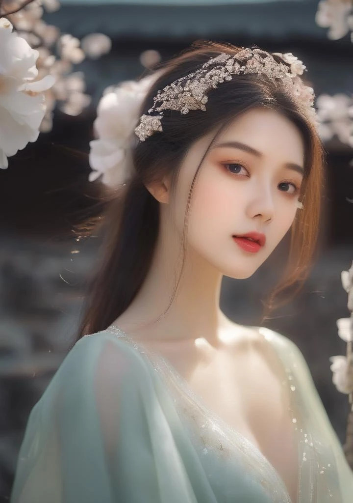1girl, film, bokeh, professional, 4k, highly detailed,large breasts, real world,(hyperrealism:1.1),(scales of extreme detail:1.3),best quality, dingdall effect,1girl,fog,(sunlight exposure:1.3),(sunlight through the hair:1.3),long hair,(look looking at viewer:1.3), (outdoors, Chinese, buildings, (mountain:0.8), cloud), (sex:1.5),(nsfw:1.5), (stochastic angle, stochastic pose,stochastic action),charming, alluring, seductive, erotic, enchanting, flowers, cleavag,exposed,camellia, reflection,ray tracing,nebula,aura,flowy see-through costumes, flowy see-through headpieces, flowy see-through gowns,gold, luxury, jewelry, ornate, necklace, bracelet, hairpin,embroidery,