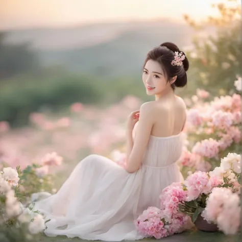 Best Quality, Ultra Fine, Masterpiece, Photorealistic, Soft Color Palette, Natural Lighting, Beauty Shot, Back View of Adorable Young Chinese Woman, Black Straight Hair in Ponytail, Solid White Strapless Summer Dress, No Patterns, Sitting in Knee Deep Flower Field, Variety of Pastel Color Flowers, Facing Away From Camera, Holding a Small Bouquet of Pink and White Flowers in Front, Looking Over Shoulder Back at Viewer, Sweet Smile, Floral Crown on Head, Rosy Cheeks, Soft Skin, Morning Golden Hour Lighting, Shallow Depth of Field, Blurred Pastel Flowers in Background, Young Woman's Full Body in Sharp Focus, Innocent Nature, High Details, 8K Resolution