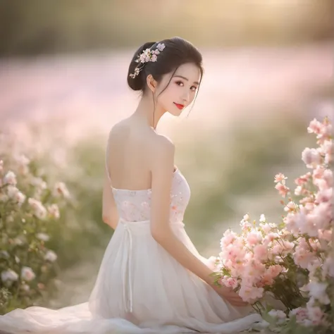 (Masterpiece, Highest quality, best quality, beautiful and beautiful:1.2), (1 girl), very detailed eyes, (fractal art:1.3), colorful, Maximum details, (perfect face), Shiny skin, HDR, Wide angle photo of a sweet 18 year old girl., Gentle face, white skin, cute, Wear a one-piece dress., Standing holding a coffee cup on the wooden walkway, With bougainvillea trees that bloom with white flowers.,Yellow beams of light and pink petals fluttered across the image.. and petals scattered on the ground There is a lush landscape with realistic flowers. The atmosphere is quiet and shady., Dim light in the morning, Facing straight, The picture is sharp and realistic..