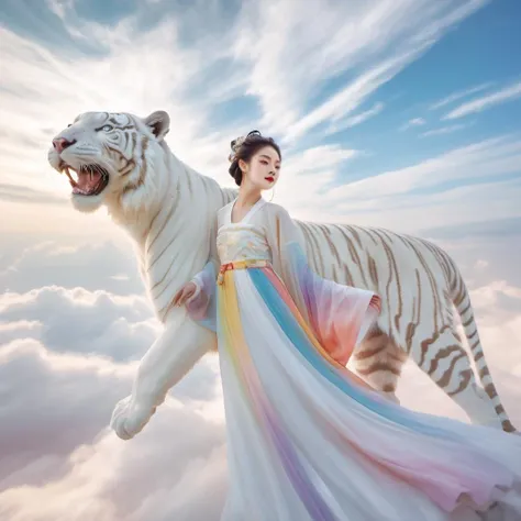 The impressionistic image is of a beautiful girl in rainbow-colored Hanfu soaring in the clouds on a giant white tiger. The girl has a perfect face and the scene is filled with swirling, dreamlike effects that enhance the surreal atmosphere. The composition uses the rule of thirds to depict the girl and her majestic mount. Soft focus and muted color palette create a dreamy atmosphere. Shoot with a fisheye lens for a wide-angle perspective.