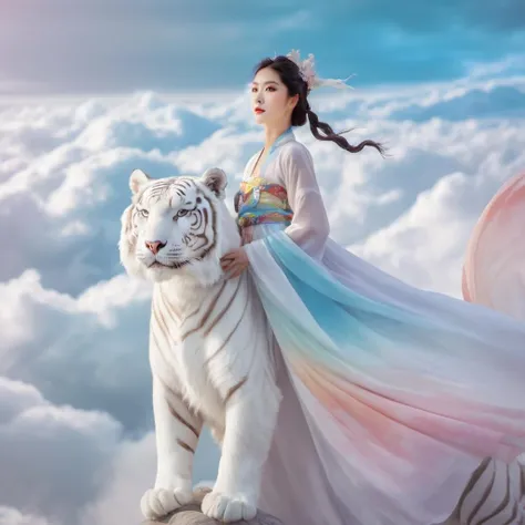 The impressionistic image is of a beautiful girl in rainbow-colored Hanfu soaring in the clouds on a giant white tiger. The girl has a perfect face and the scene is filled with swirling, dreamlike effects that enhance the surreal atmosphere. The composition uses the rule of thirds to depict the girl and her majestic mount. Soft focus and muted color palette create a dreamy atmosphere. Shoot with a fisheye lens for a wide-angle perspective.