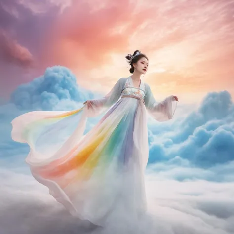 The impressionistic image is of a beautiful girl in rainbow-colored Hanfu soaring in the clouds on a giant white tiger. The girl has a perfect face and the scene is filled with swirling, dreamlike effects that enhance the surreal atmosphere. The composition uses the rule of thirds to depict the girl and her majestic mount. Soft focus and muted color palette create a dreamy atmosphere. Shoot with a fisheye lens for a wide-angle perspective.
