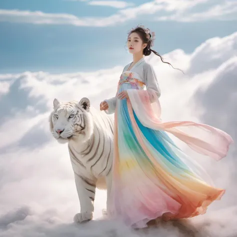The impressionistic image is of a beautiful girl in rainbow-colored Hanfu soaring in the clouds on a giant white tiger. The girl has a perfect face and the scene is filled with swirling, dreamlike effects that enhance the surreal atmosphere. The composition uses the rule of thirds to depict the girl and her majestic mount. Soft focus and muted color palette create a dreamy atmosphere. Shoot with a fisheye lens for a wide-angle perspective.