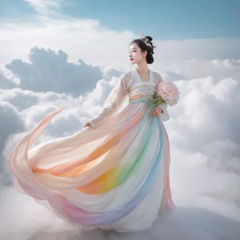 The impressionistic image is of a beautiful girl in rainbow-colored Hanfu soaring in the clouds on a giant white tiger. The girl has a perfect face and the scene is filled with swirling, dreamlike effects that enhance the surreal atmosphere. The composition uses the rule of thirds to depict the girl and her majestic mount. Soft focus and muted color palette create a dreamy atmosphere. Shoot with a fisheye lens for a wide-angle perspective.