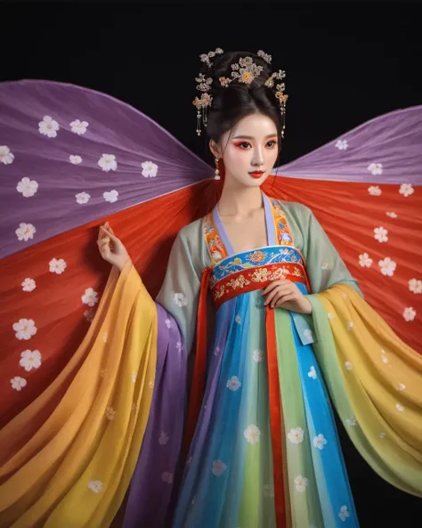 Impressionism, Beautiful Chinese Girl, Colorful Rainbow Colored Hanfu Paper Snowdrops, (In Circus: 0.3), Dark, Fractured Background, (Masterpiece, Highest Quality), 8K UHD, (Film Grain: 1.2), (Fujifilm XT3: 1.2), extremely detailed, close-up, pop art