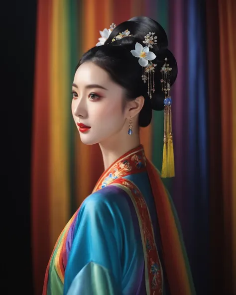 Impressionism, Beautiful Chinese Girl, Colorful Rainbow Colored Hanfu Paper Snowdrops, (In Circus: 0.3), Dark, Fractured Background, (Masterpiece, Highest Quality), 8K UHD, (Film Grain: 1.2), (Fujifilm XT3: 1.2), extremely detailed, close-up, pop art