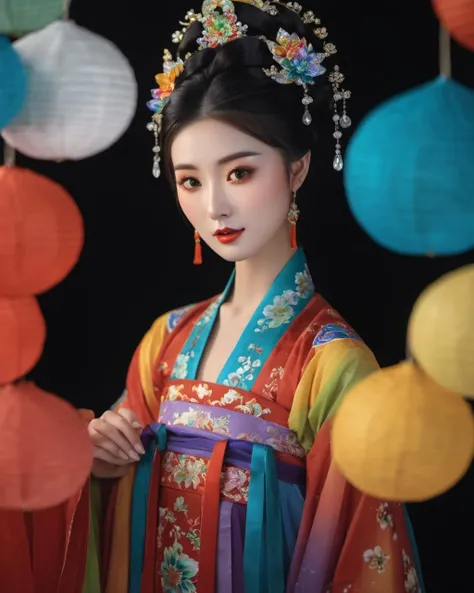 Impressionism, Beautiful Chinese Girl, Colorful Rainbow Colored Hanfu Paper Snowdrops, (In Circus: 0.3), Dark, Fractured Background, (Masterpiece, Highest Quality), 8K UHD, (Film Grain: 1.2), (Fujifilm XT3: 1.2), extremely detailed, close-up, pop art
