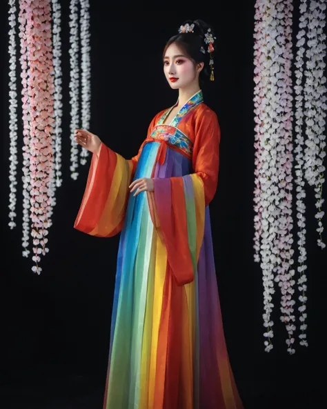 Impressionism, Beautiful Chinese Girl, Colorful Rainbow Colored Hanfu Paper Snowdrops, (In Circus: 0.3), Dark, Fractured Background, (Masterpiece, Highest Quality), 8K UHD, (Film Grain: 1.2), (Fujifilm XT3: 1.2), extremely detailed, close-up, pop art